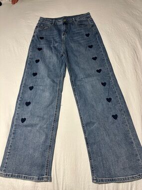 Blue Heart Embroidered Wide-Leg Women’s Jeans